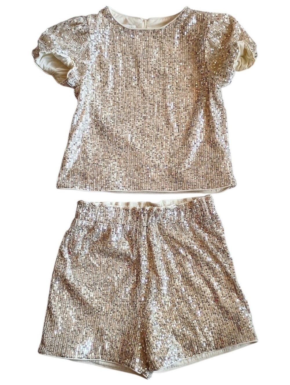 MONSOON Girls Set Sequin Top Shorts Beige Festive Sparkly 7-8